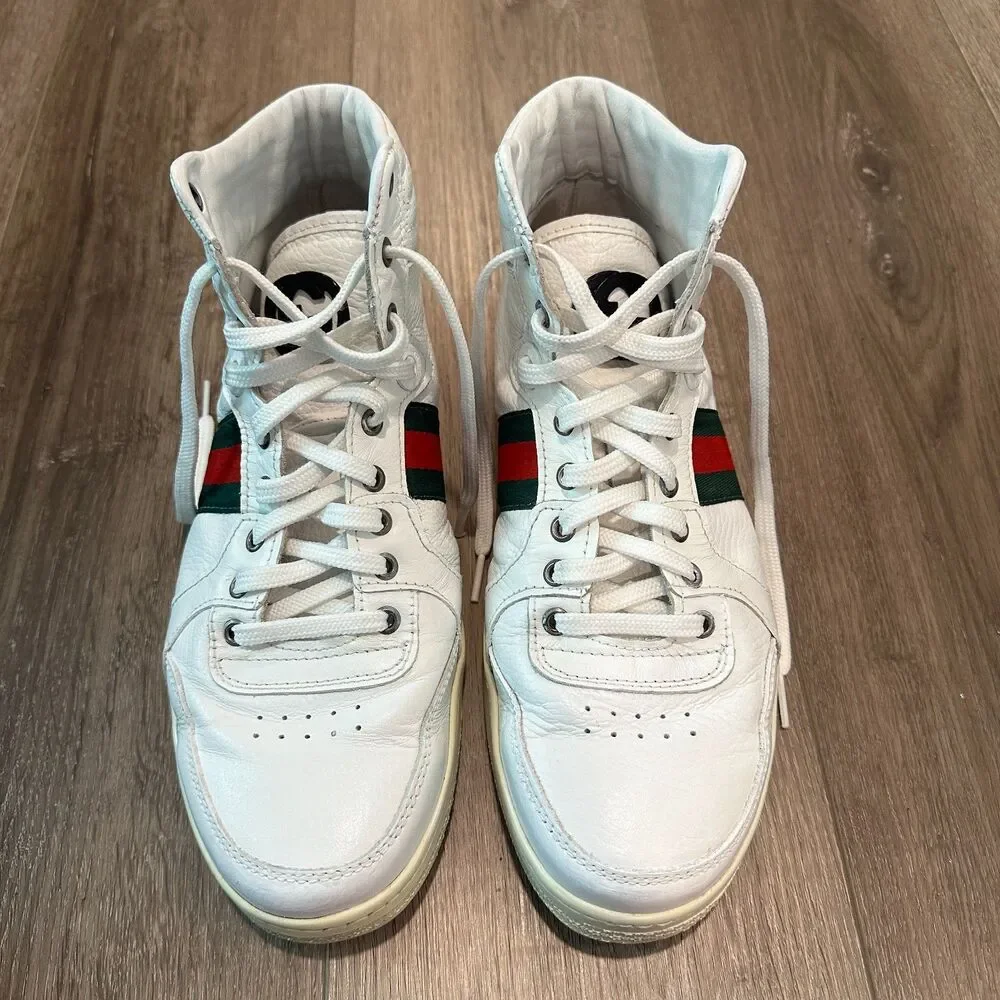 Vintage Leather Gucci High Top Sneakers Web Stripe Streetwear Size 43 / 10 US